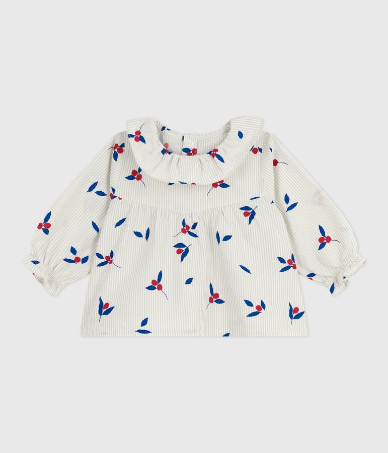 Babies' long-sleeved berry-print cotton poplin blouse blue/multicolor