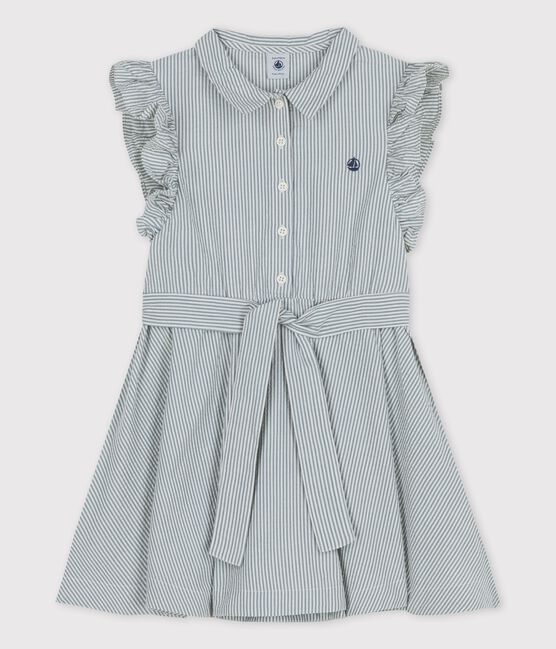 Girls' Sleeveless Organic Seersucker  BRUT blue/MARSHMALLOW white
