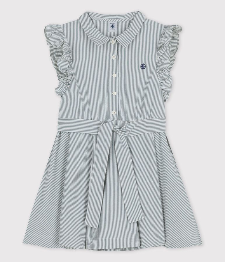 Girls' Sleeveless Organic Seersucker BRUT blue/MARSHMALLOW white