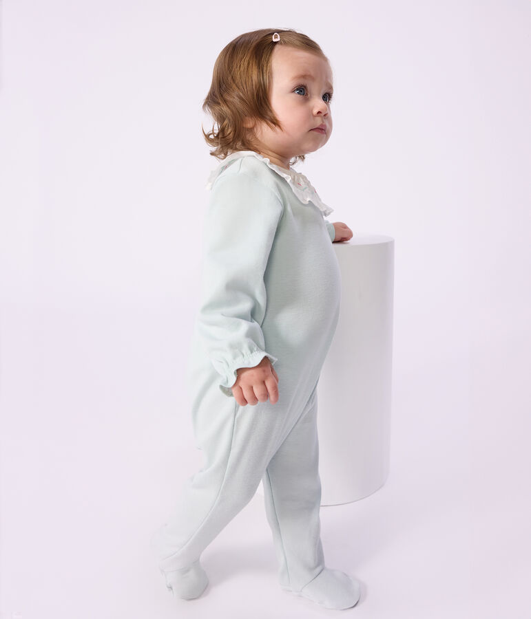 Babies back opening plain cotton pyjama suit with a ruff blue