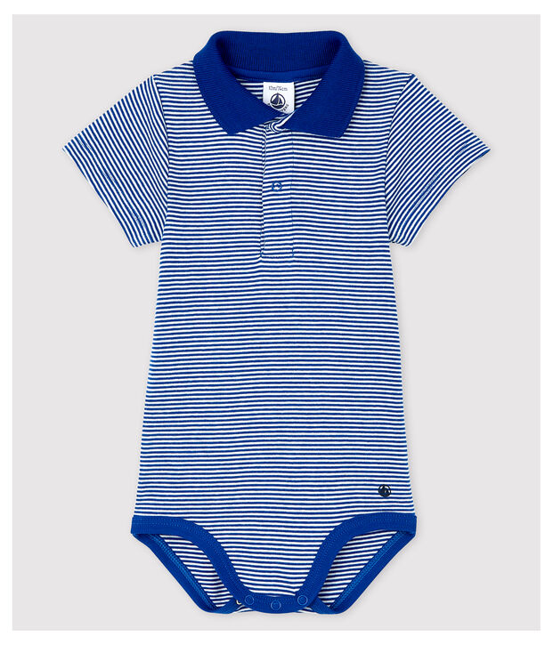 Baby Boys' Short-Sleeved Cotton Bodysuit with Polo Shirt Collar blue/white