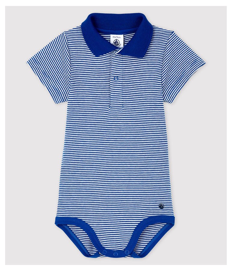 Baby Boys' Short-Sleeved Cotton Bodysuit with Polo Shirt Collar blue/white