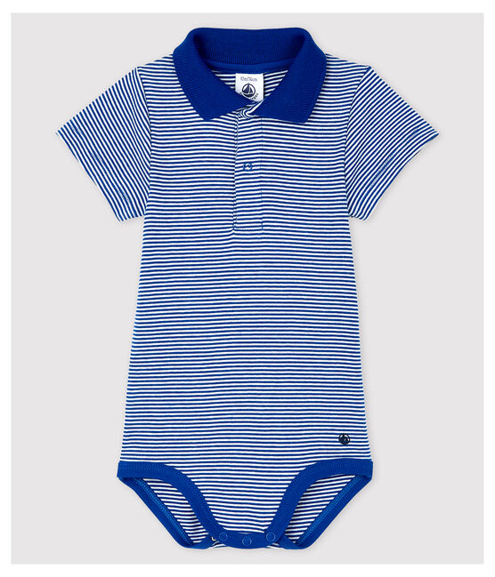 Baby Boys' Short-Sleeved Cotton Bodysuit with Polo Shirt Collar SURF blue/MARSHMALLOW white