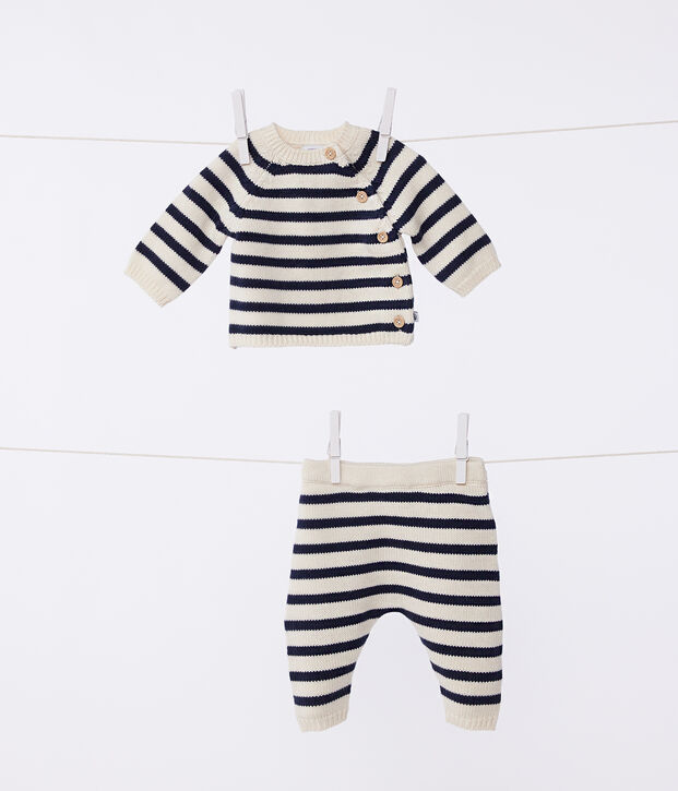 Babies' Wool/Cotton Knit Sailor Striped Clothing - 2-Piece Set Ecru/blue
