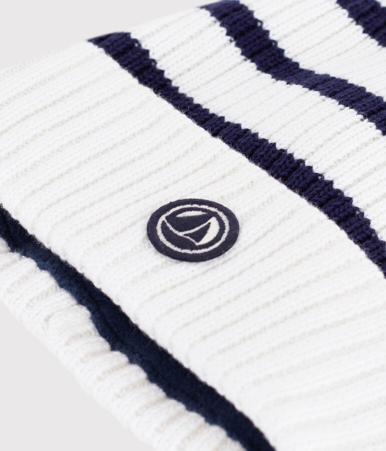 Children's stripy knitted beanie hat lined in polar fleece white/blue
