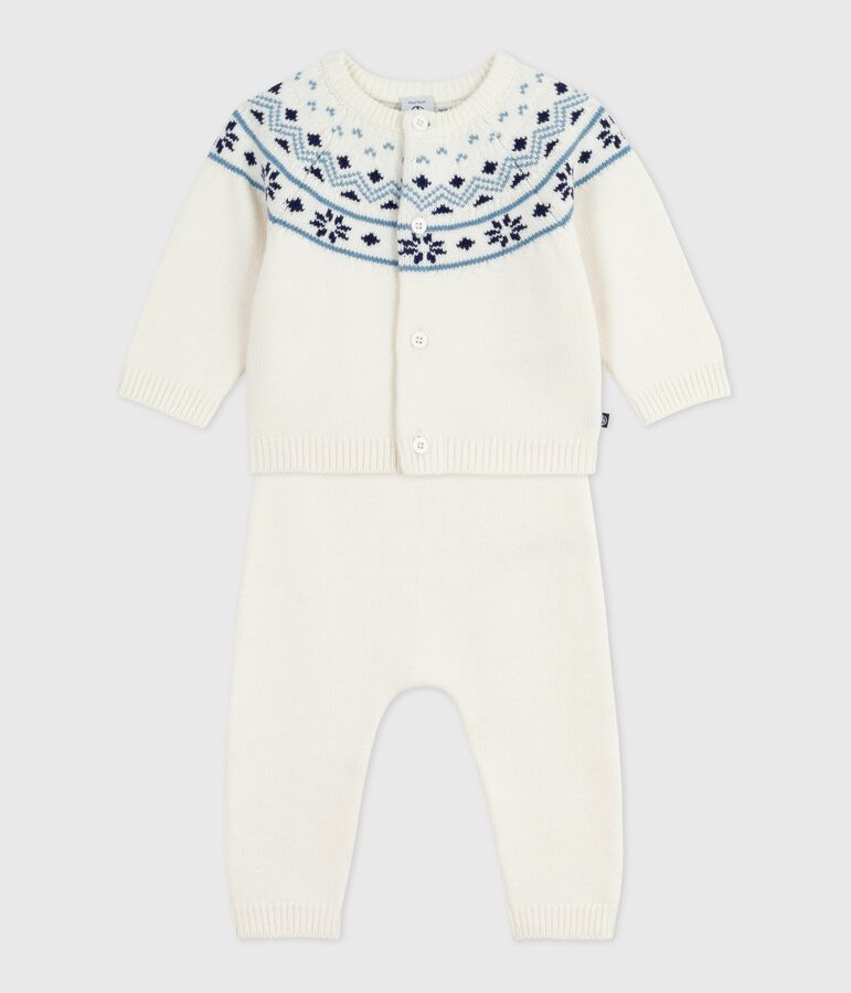 Babies' 2-piece knitted outfit with a jacquard knit cardigan white/blue