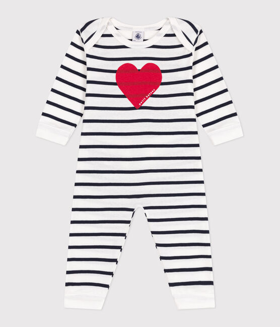 Babies' heart pattern popper-free cotton pyjamas MARSHMALLOW white/SMOKING blue