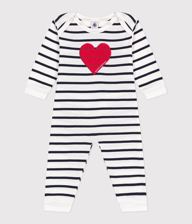 Babies' heart pattern popper-free cotton pyjamas white/blue