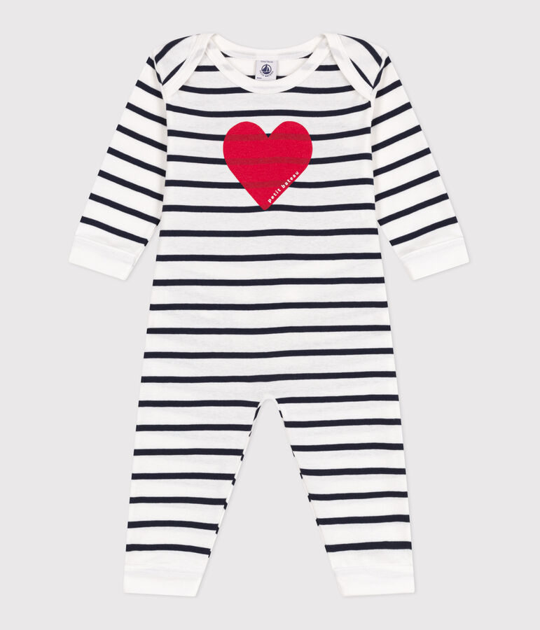 Babies' heart pattern popper-free cotton pyjamas white/blue