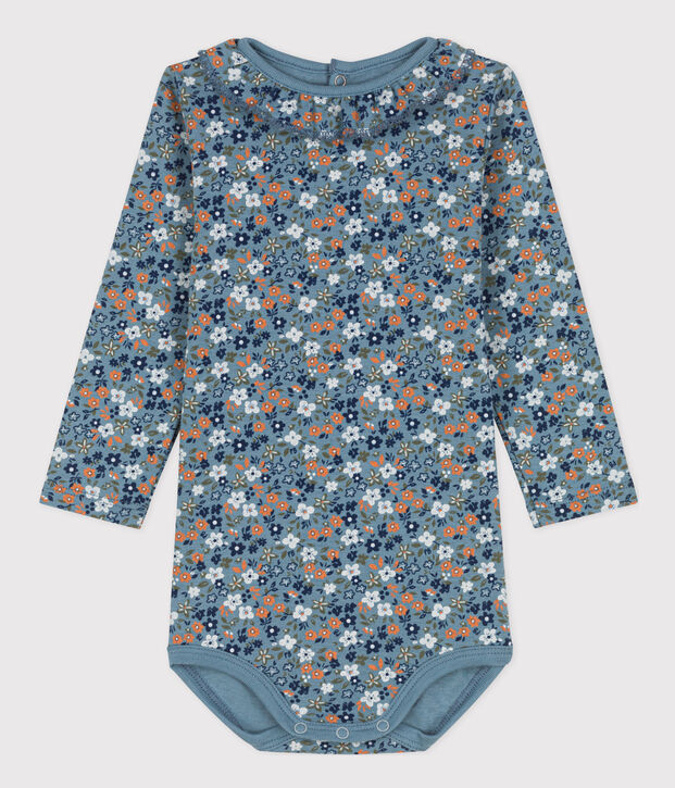 Babies' Long-Sleeved Floral Cotton Bodysuit With Ruff Collar blue/multicolor