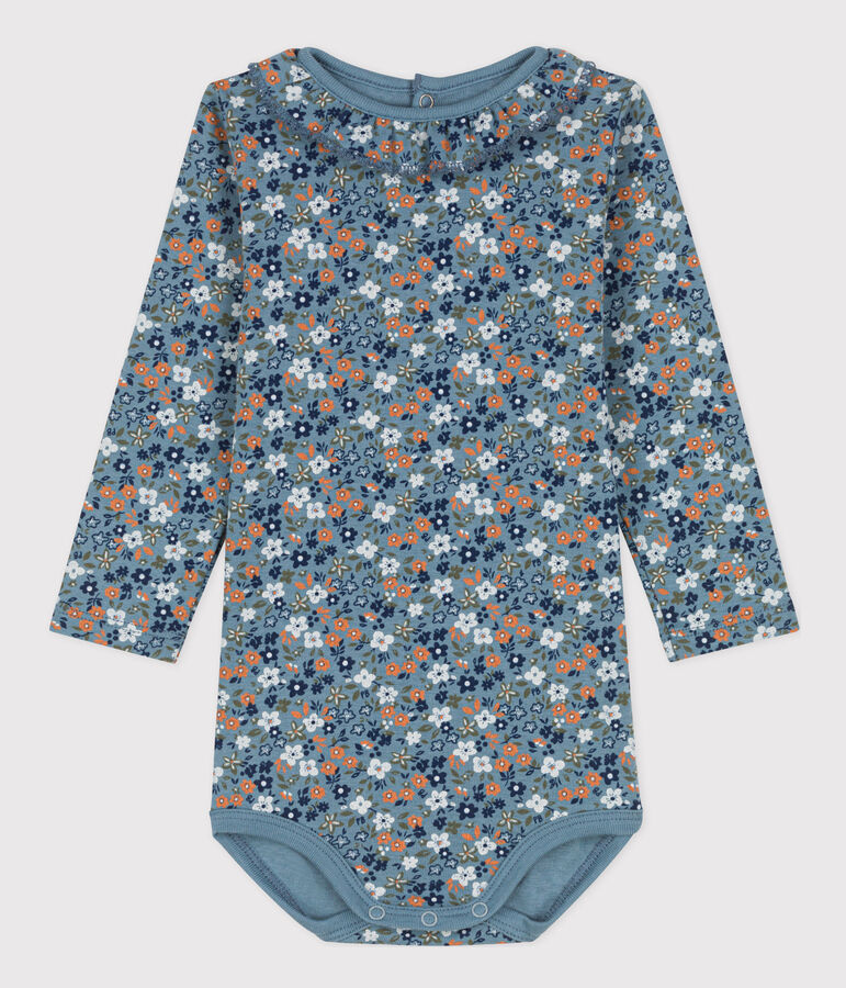 Babies' Long-Sleeved Floral Cotton Bodysuit With Ruff Collar blue/multicolor