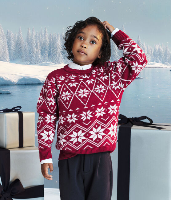 Children's patterned wool and cotton jumper AMARANTE red/AVALANCHE