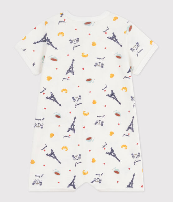 Babies' Paris print cotton playsuit with a collar MARSHMALLOW white/MULTICO white