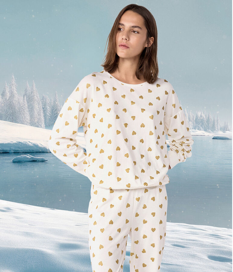 Women's golden heart print cotton pyjamas Ecru/yellow