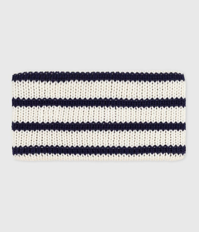 Babies' stripy fleece-lined knitted snood white/blue