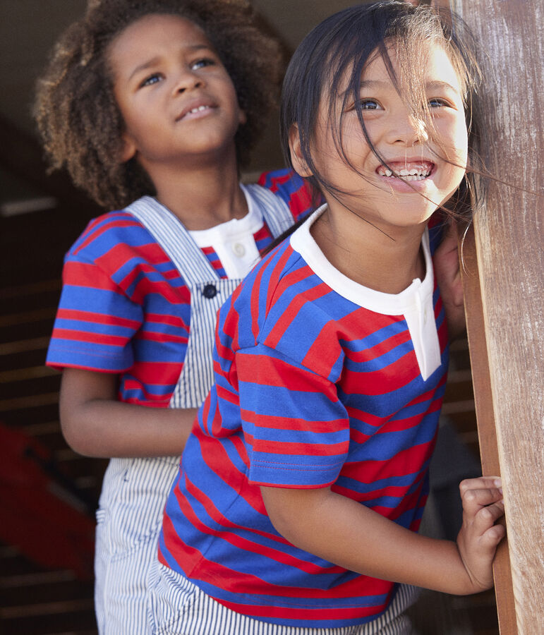 Girls' Striped Cotton T-Shirt blue/red