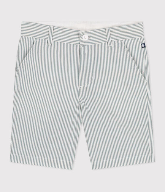 Children's stripy cotton Bermuda shorts MARSHMALLOW white/BRUT blue
