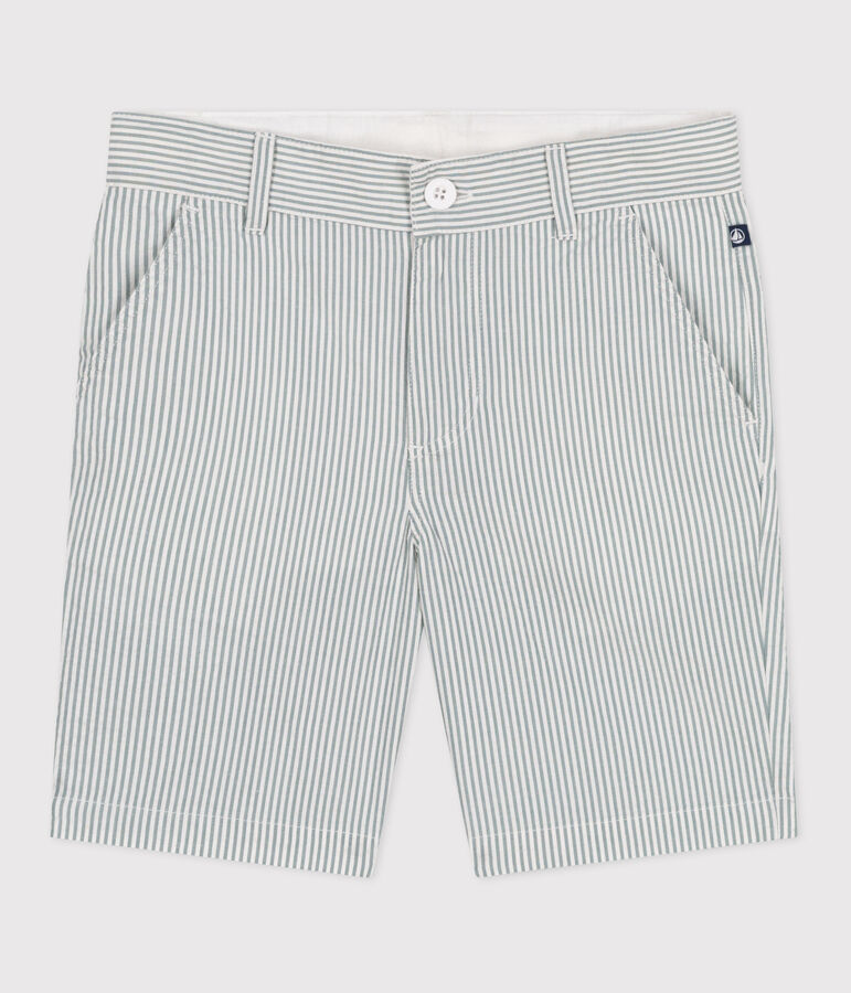 Children's stripy cotton Bermuda shorts MARSHMALLOW white/BRUT blue