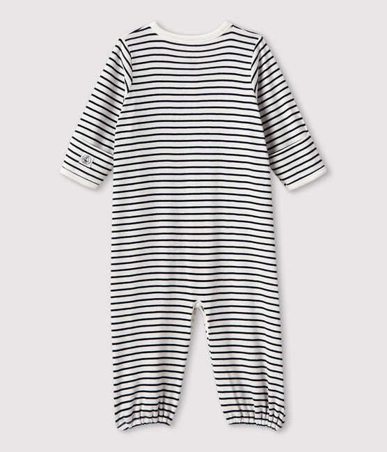 Babies' Stripy Organic Cotton Jumpsuit/Sleeping Bag MARSHMALLOW white/SMOKING blue