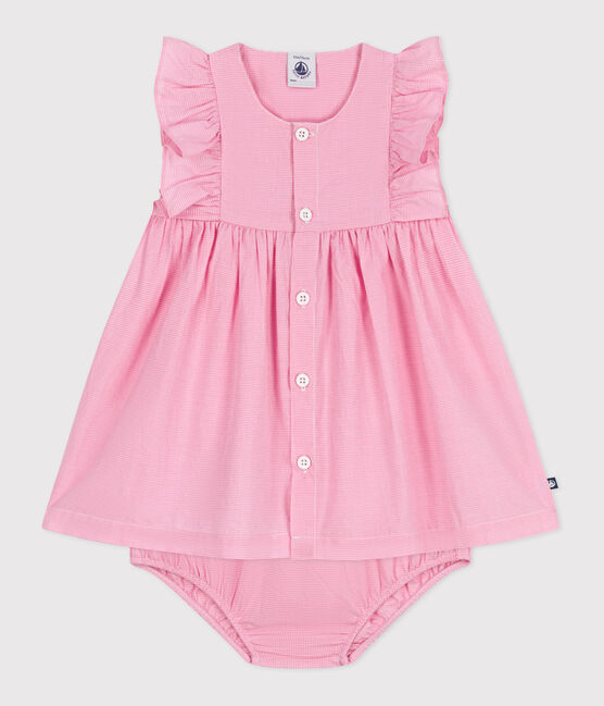 Babies' short-sleeved lightweight cotton gingham print dress and bloomers ECUME white/PETAL