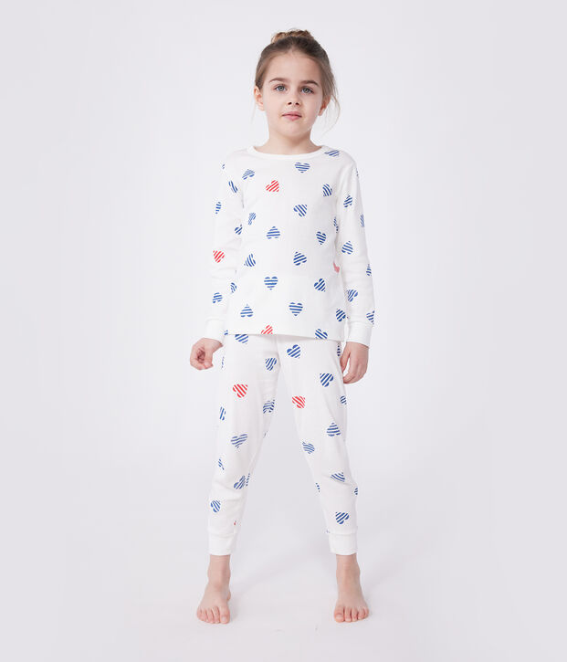 Children's long-sleeved heart print cotton pyjamas white/multicolor