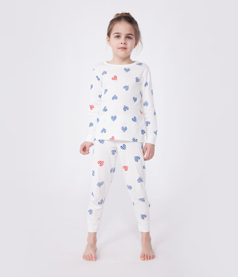 Children's long-sleeved heart print cotton pyjamas MARSHMALLOW white/MULTICO white