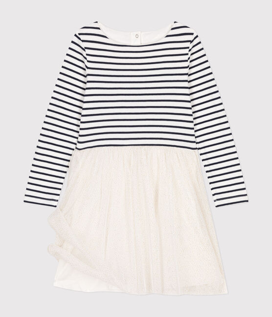 Girls' dress in tube knit and tulle MARSHMALLOW white/MULTICO white