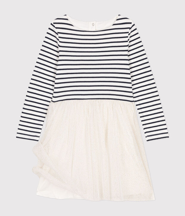 Girls' dress in tube knit and tulle white/multicolor