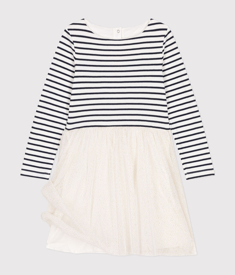 Girls' dress in tube knit and tulle MARSHMALLOW white/MULTICO white