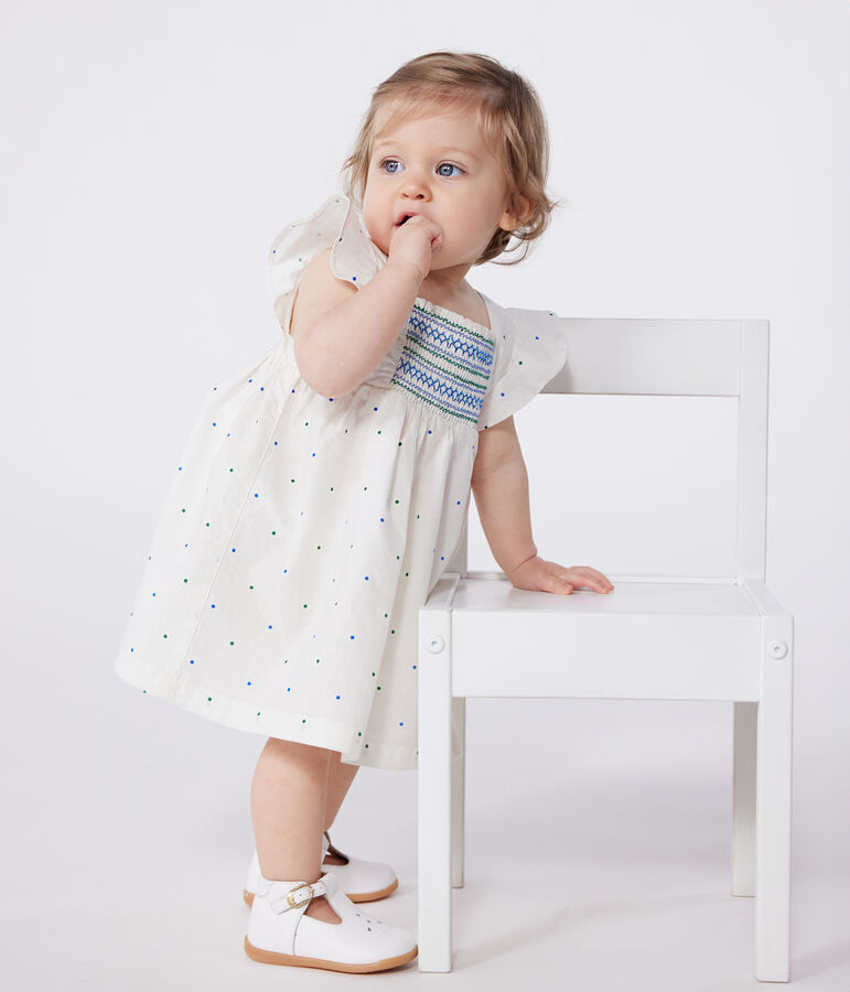 Babies' white cotton dress and bloomers printed with spots white/multicolor