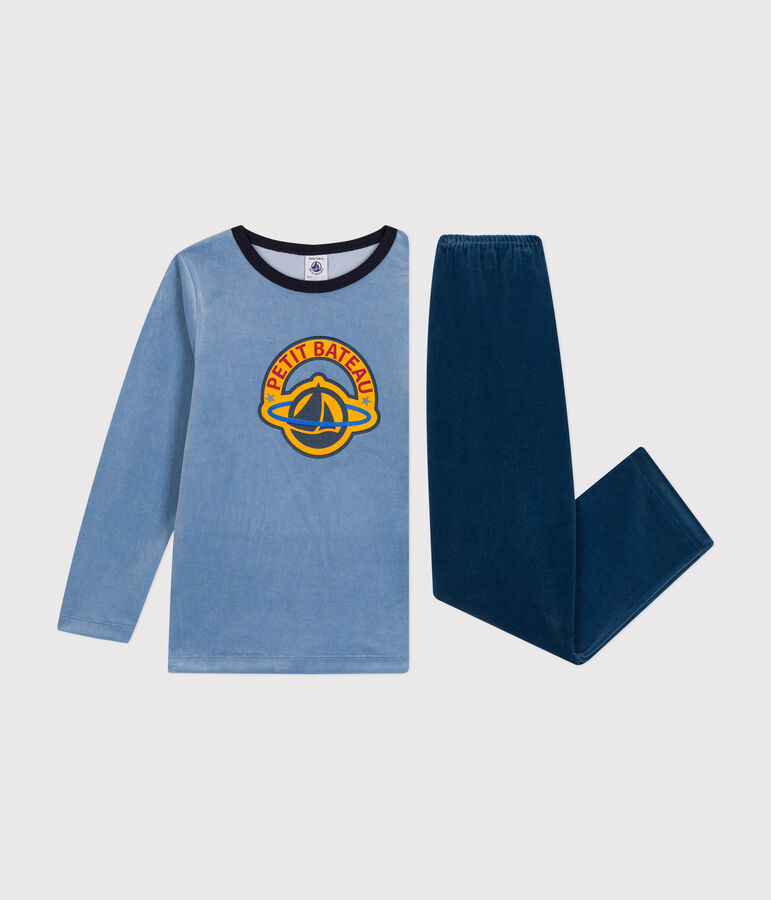 Children's plain velour pyjamas blue/blue