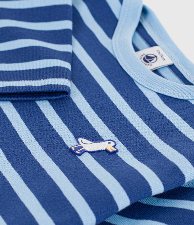 Babies' cotton Breton top with a seagull badge blue/blue