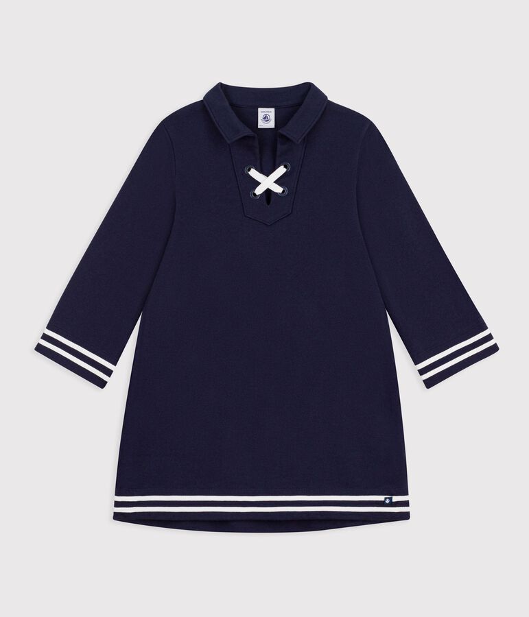Children's long-sleeved plain cotton dress blue