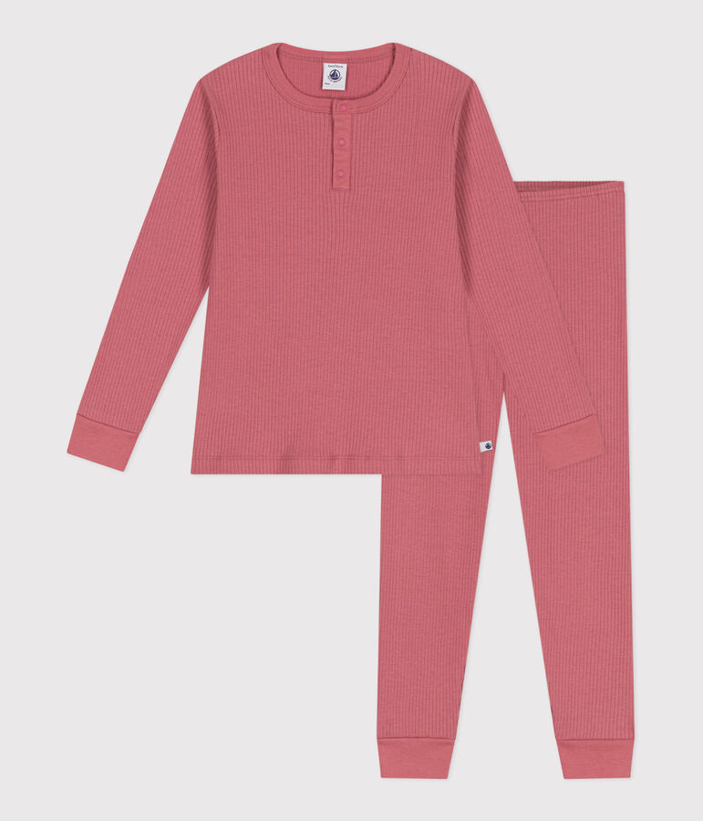 Children's long-sleeved plain cotton pyjamas ROSEWOOD pink