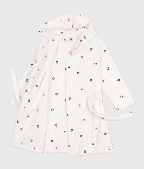 Children's cotton terry bathrobe with embroidered hearts MARSHMALLOW white/TERKUIT red