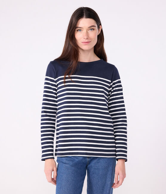 Women's long-sleeved cotton Breton top SMOKING blue/MARSHMALLOW white
