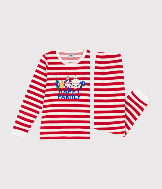 Children's stripy velour pyjamas AURORA red/MARSHMALLOW