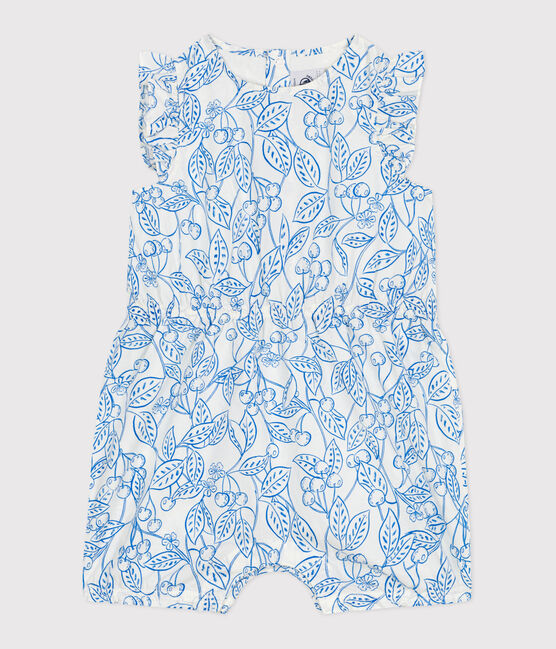 Babies' sleeveless playsuit in cotton with a blue cherry print MARSHMALLOW blue/PORCELANA
