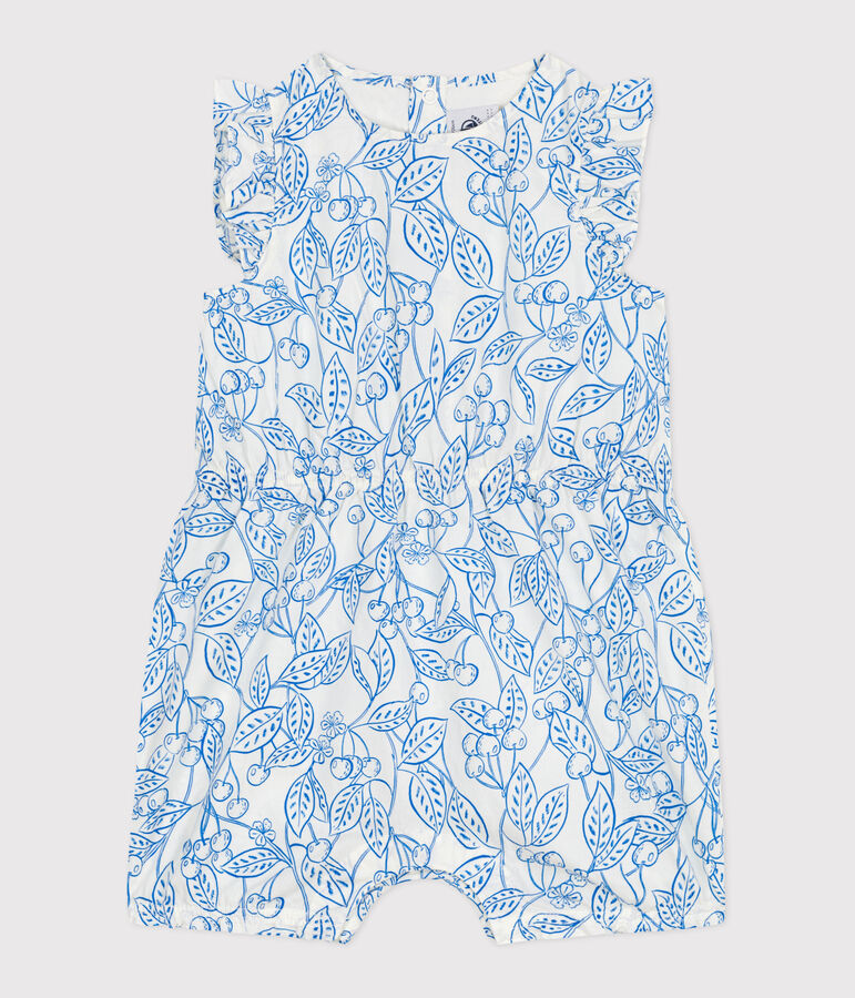 Babies' sleeveless playsuit in cotton with a blue cherry print white/blue