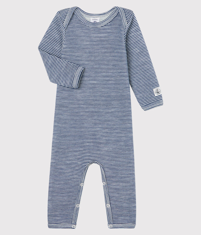 Babies' Striped Long Bodysuit in Cotton/Wool blue/white