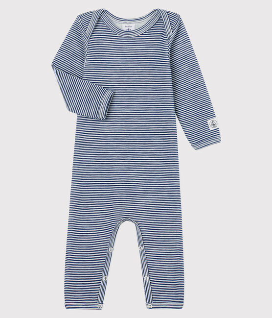 Babies' Striped Long Bodysuit in Cotton/Wool MEDIEVAL blue/MARSHMALLOW white