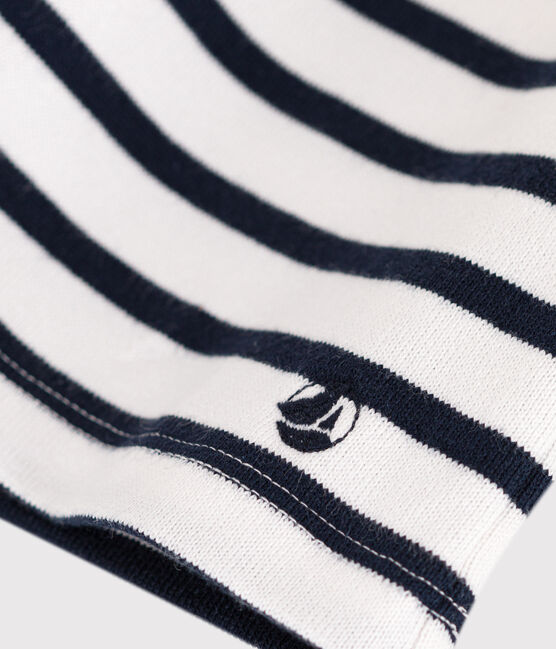 Girls' long-sleeved dress in stripy thick cotton MARSHMALLOW white/SMOKING blue