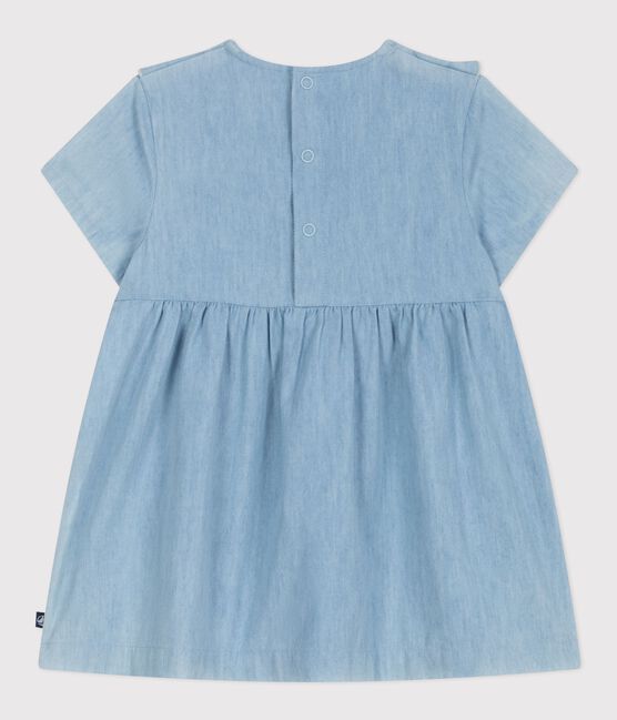 Babies' short-sleeved cotton dress in chambray, embroidered with hearts BLEU CLAIR blue