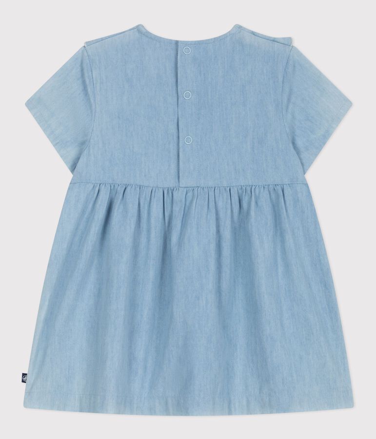 Babies' short-sleeved cotton dress in chambray, embroidered with hearts blue