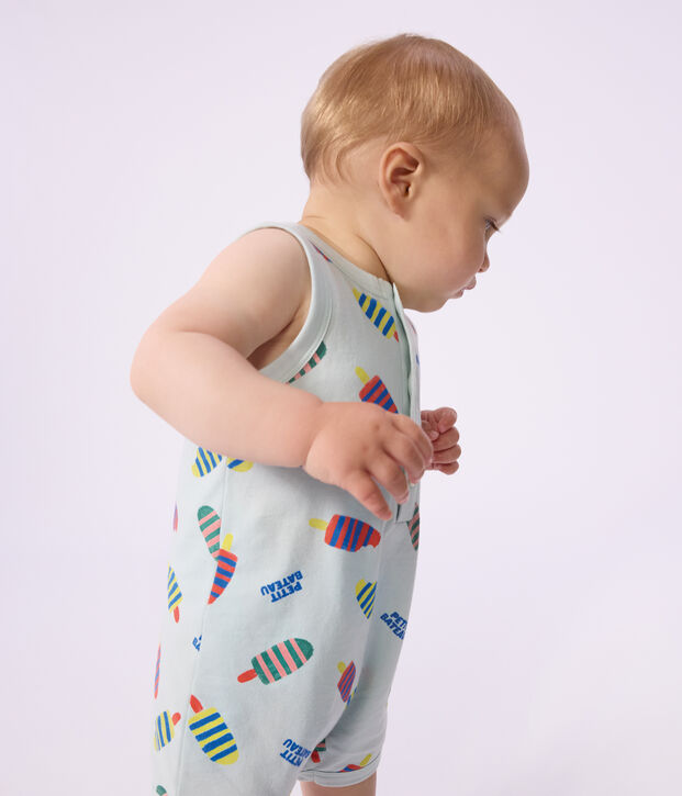 Babies' short cotton playsuit with an ice cream print blue/multicolor
