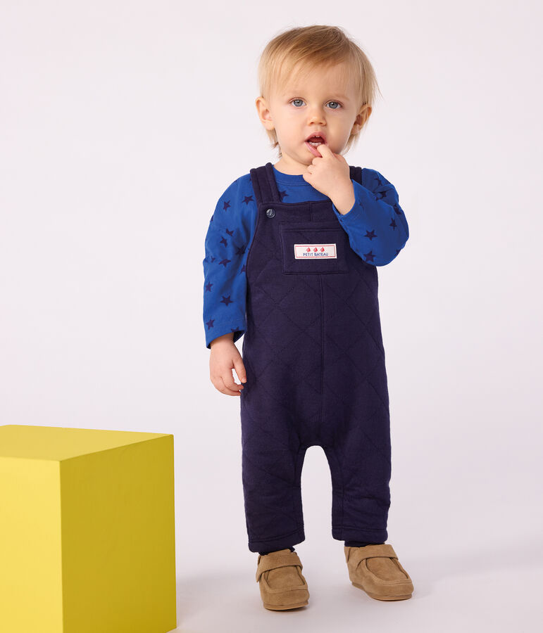 Babies' long-leg dungarees in plain thick cotton blue