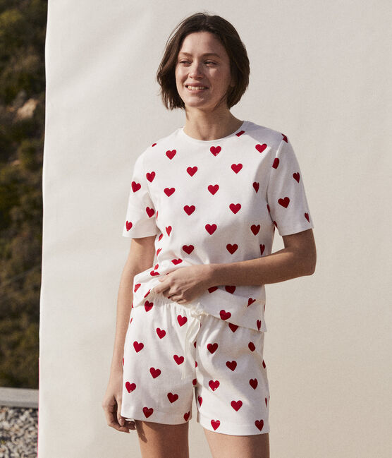 Women's Heart Themed Cotton Short Pyjamas MARSHMALLOW white/TERKUIT red