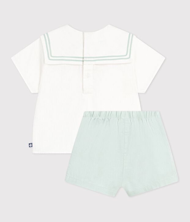 Babies' 2-piece cotton/linen outfit, with a sailor collar top white/blue