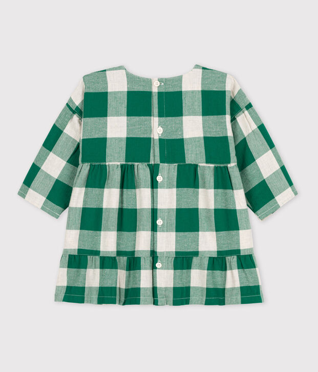 Babies' Long-Sleeved Checked Flannel Dress MATCHA/ecru