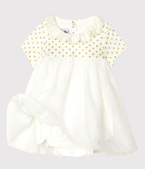 Baby Girls' Cotton and Linen Bodysuit/Dress MARSHMALLOW white/OR yellow